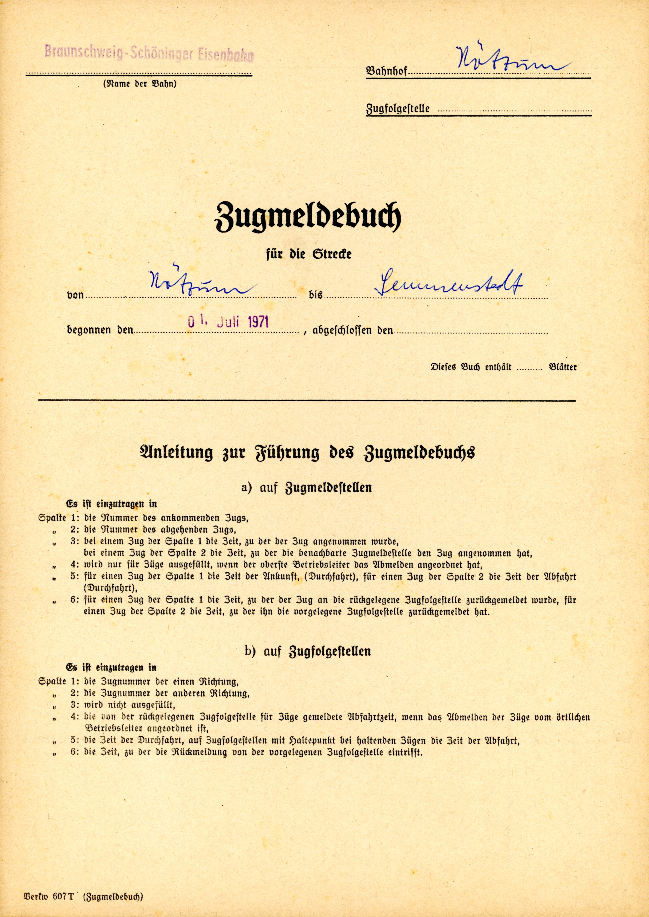 Zugmeldebuch H�tzum - Semmenstedt